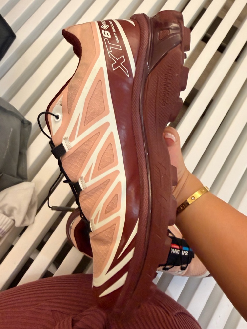 Salomon Pink Trail Sneakers with Burgundy Trim and Color Accents - Picture 6 of 7